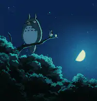 Totoro and Chibi Totoro on a branch at night