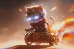 Steampunk cat on motorcycle with Bitcoin and EDBP