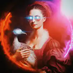 Woman holding chicken with Bitcoin symbol