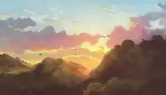 sunset over forest with birds