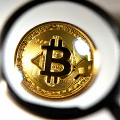 Bitcoin coin under magnifying glass