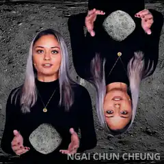 Woman holding rock with astronaut floating on moon