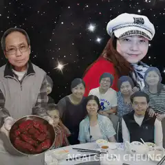 Family dinner with floating heads in space
