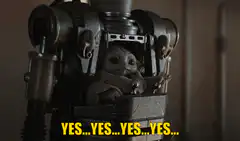 Baby Yoda in a mech suit saying yes