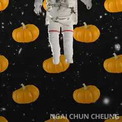 astronaut floating among pumpkins in space