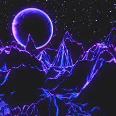 neon purple mountains under glowing moon