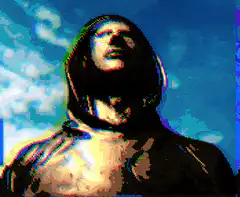 Glitchy hooded man looking up