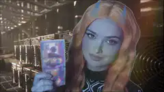 Woman holding crypto card in server room