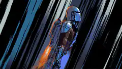The Mandalorian flying with jetpack