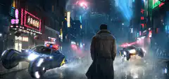 Man watching futuristic police cars in rain