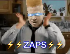 Man with glowing eyes and ZAPS text