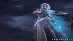 White-haired warrior summons blue energy sword