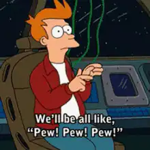 Fry making gun fingers saying pew pew