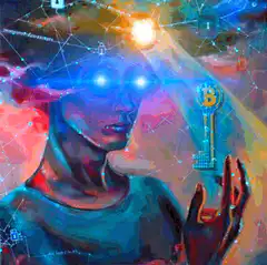 Digital person with glowing eyes and bitcoin key