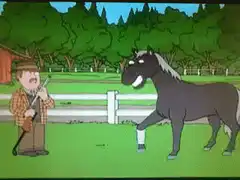 horse kicks man with shotgun