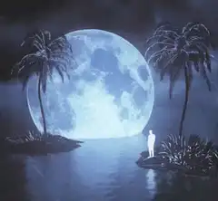 Lone figure under giant moon