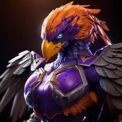 anthropomorphic eagle warrior in purple armor