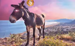 Donkey with glowing eyes and bitcoin