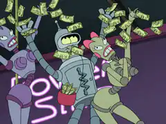 Fry, Leela, and Bender celebrating with money