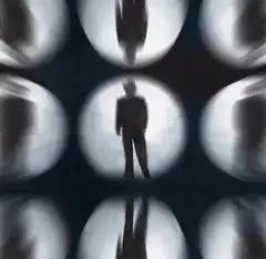 Silhouette man in circle with lightning