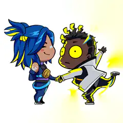 Chibi characters holding hands with glowing effects