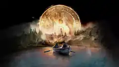 Two people rowing toward a giant Bitcoin coin
