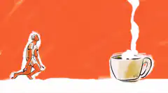 Old man walks to coffee cup