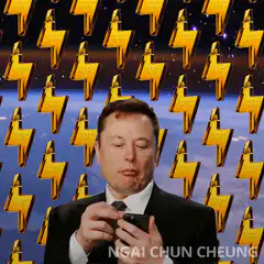 Elon Musk surrounded by Tesla lightning bolts