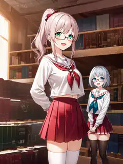 Two anime girls in school uniforms in a library