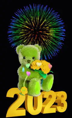Green teddy bear with fireworks and 2023