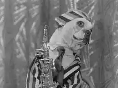 Dog playing saxophone with lightning bolts