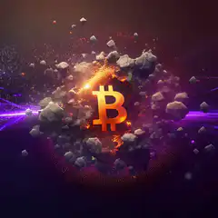 Bitcoin symbol exploding with rocks
