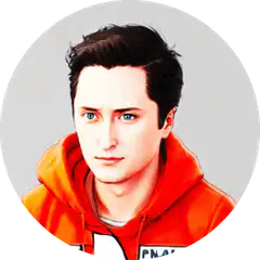 Man in orange hoodie zooming into eye