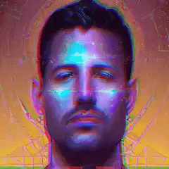 Glitching man with glowing eyes