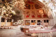 Outdoor pottery workshop with kilns