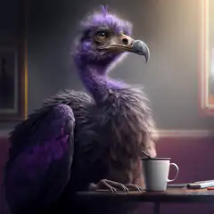 purple vulture with coffee mug