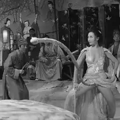 Woman with snake tail in black and white film