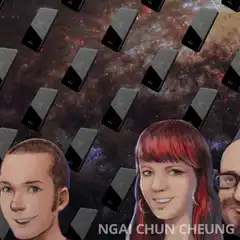Astronaut and illustrated faces floating in space with phones