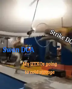 Gymnast swinging on ring with crypto text