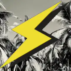 Yellow and black lightning bolt over palm trees