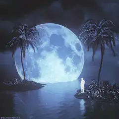 Silhouette by giant moon and palm trees