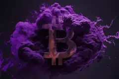 Bitcoin symbol in purple smoke cloud