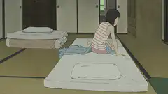 Girl falls onto futon in Japanese room