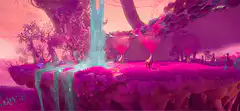 Pink alien landscape with waterfall and creatures