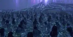 Crowd of pale figures under purple rain
