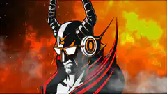 Horned character with headphones in fire