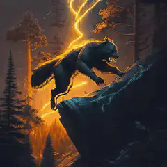 Glowing wolf leaping from cliff