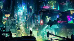 Cyberpunk cityscape with flying car