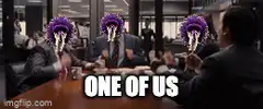 One of Us meme with purple afro heads