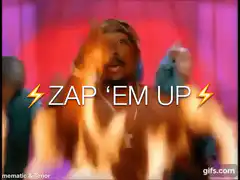 Tupac dancing with fire and text